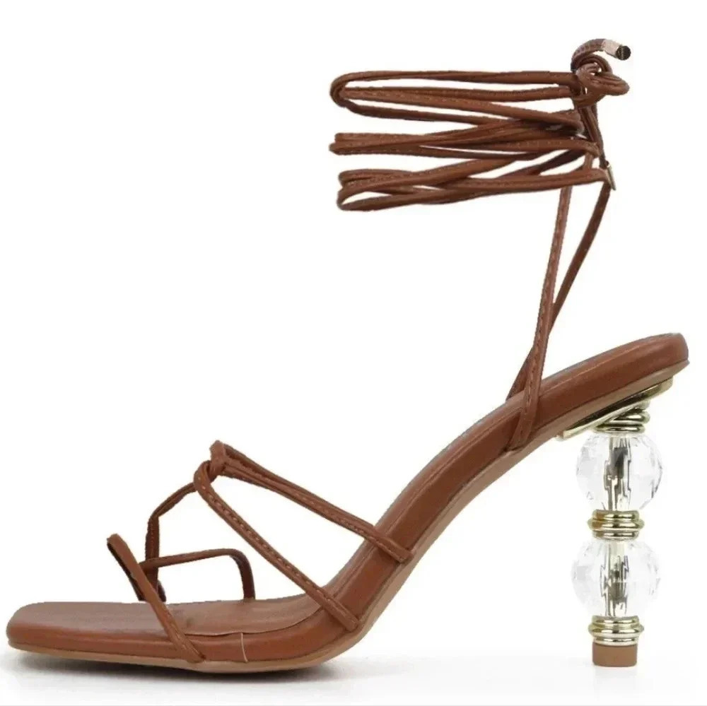Women's 9 Caramel square toe strappy wrap around laces sandals crystal heels